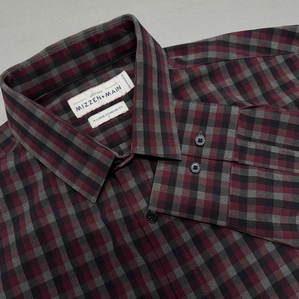 Mizzen+Main Leeward Plainview Standard Fit Dress Shirt Mens XL Burgundy Gingham